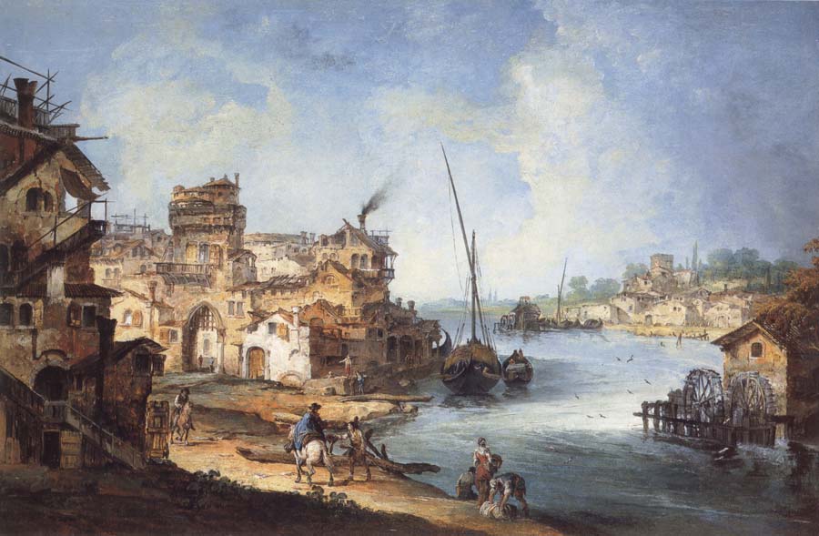 Buildings and Figures Near a River with Shipping